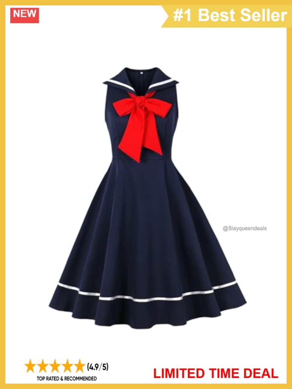 Women 1950s Retro Sailor Collar Swing Midi Dress Rockabilly Pin Up Cocktail